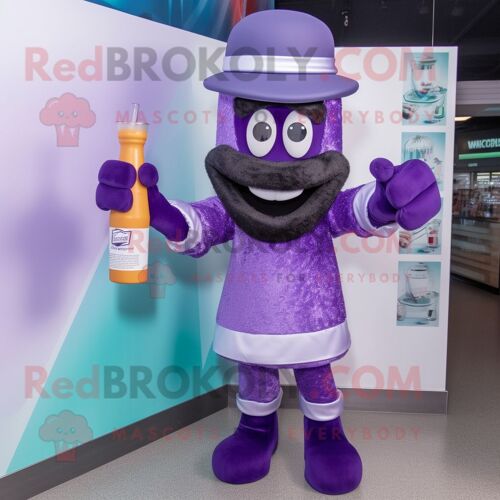 Personnage De Costume De Mascotte Redbrokoly De Bâton De Hockey Sur Glace Violet Habillé D'une Robe De Cocktail Et De Chapeaux