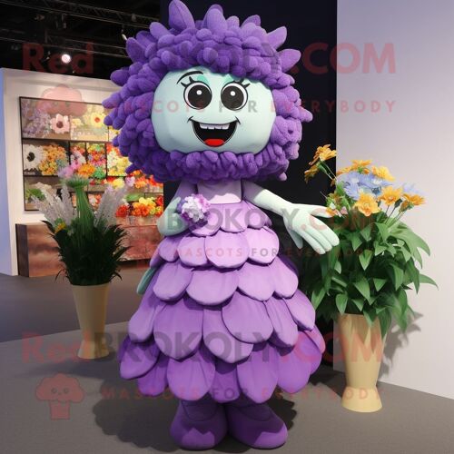 Personnage De Costume De Mascotte Redbrokoly De Bouquet De Fleurs Violet Habillé D'une Jupe Et De Porte-Monnaie