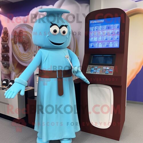 Personnage De Costume De Mascotte Redbrokoly De Barre De Chocolat Bleu Ciel Habillé D'une Robe Longue Et De Montres Numériques