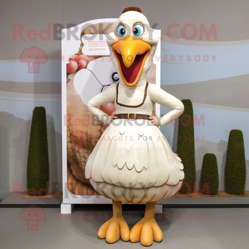 Costume De Mascotte Redbrokoly De Dindon Crème Personnage Habillé D'une Robe Longue Et De Bretelles