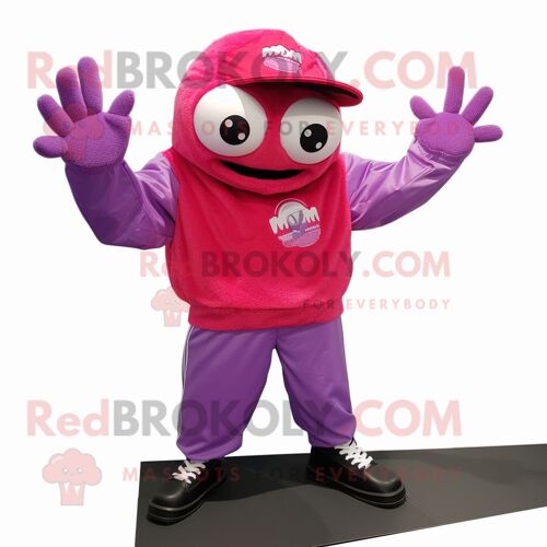 Personnage De Costume De Mascotte Redbrokoly Magenta Crab Cakes Habillé D'une Veste De Moto Et De Bonnets