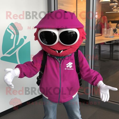 Personnage De Costume De Mascotte Redbrokoly Magenta Crab Cakes Habillé D'une Veste De Moto Et De Bonnets