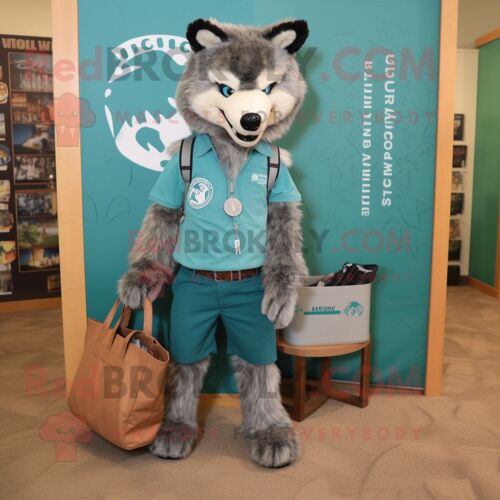 Teal Say Wolf Personnage De Costume De Mascotte Redbrokoly Habillé D'une Chemise Oxford Et De Sacs Fourre-Tout