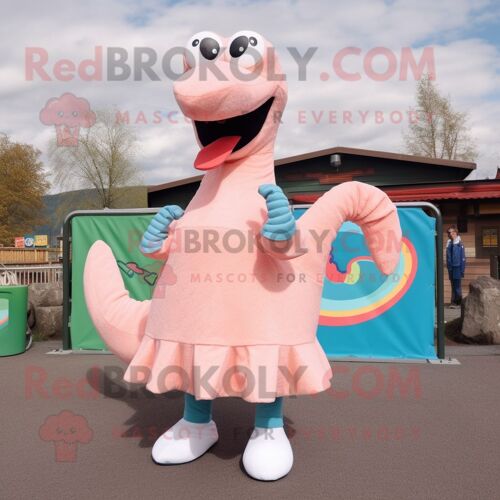 Personnage De Costume De Mascotte Redbrokoly Peach Loch Ness Monster Habillé D'une Jupe A-Line Et De Lacets De Chaussures