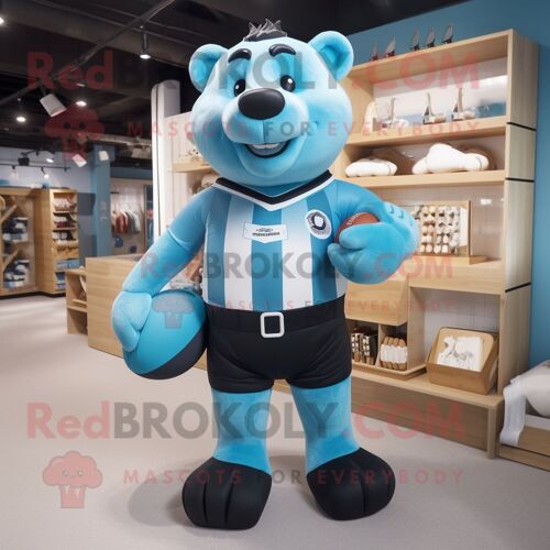 Personnage De Costume De Mascotte Redbrokoly D'ours Cyan Habillé D'une Chemise De Rugby Et De Sacs À Main