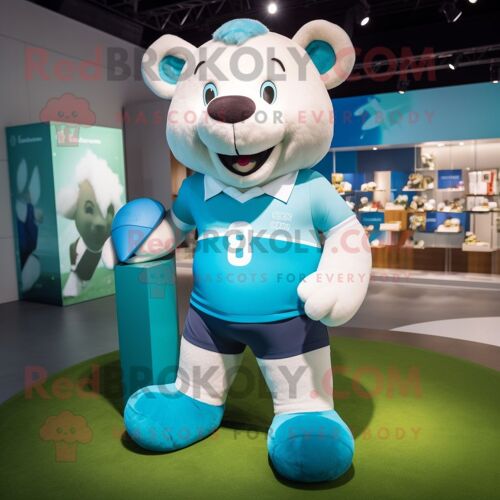 Personnage De Costume De Mascotte Redbrokoly D'ours Cyan Habillé D'une Chemise De Rugby Et De Sacs À Main