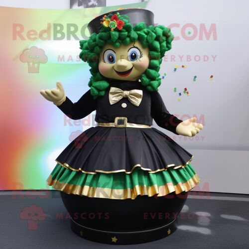 Personnage De Costume De Mascotte Redbrokoly Black Pot Of Gold Habillé D'une Jupe Et D'épingles À Cheveux