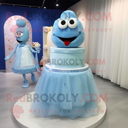 Personnage De Costume De Mascotte Redbrokoly De Gâteau De Mariage Bleu Ciel Habillé D'une Robe De Bal Et De Coussinets De Pied