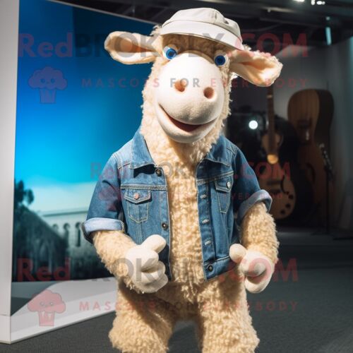 Mascotte Redbrokoly De Personnage De Mouton Beige Habillé D'une Chemise En Jean Et De Boucles D'oreilles