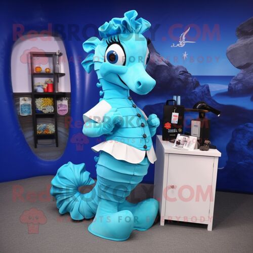 Personnage De Costume De Mascotte Redbrokoly D'hippocampe Cyan Habillé D'une Jupe Crayon Et De Portefeuilles