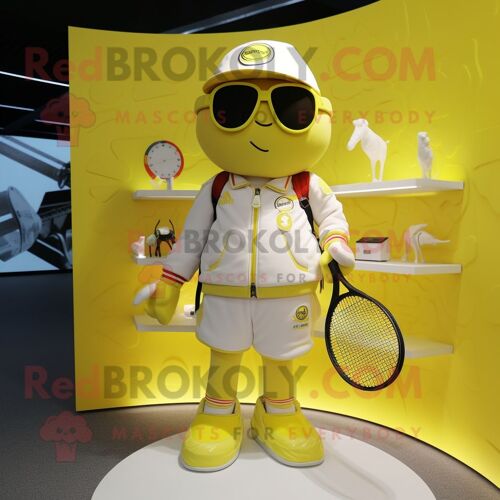 Personnage De Costume De Mascotte Redbrokoly De Raquette De Tennis Jaune Habillé D'un Blouson Aviateur Et De Sacs À Main