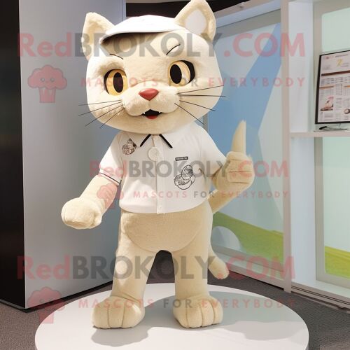 Mascotte Redbrokoly De Chat Beige Personnage Déguisement Habillé D'une Combishort Et De Pinces À Chaussures