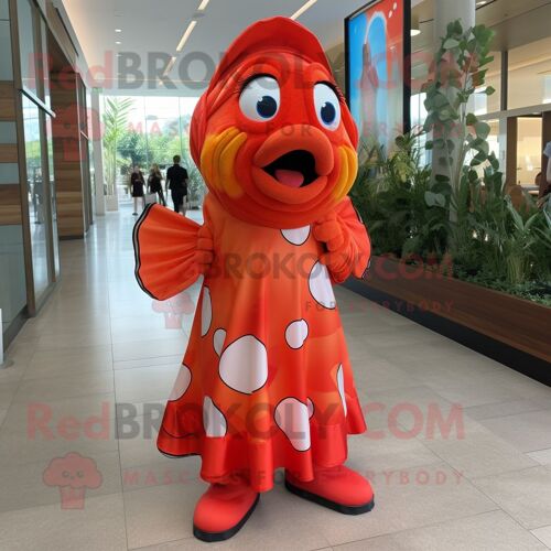 Personnage De Costume De Mascotte Redbrokoly De Poisson Clown Rouge Habillé D'une Robe Portefeuille Et De Ceintures