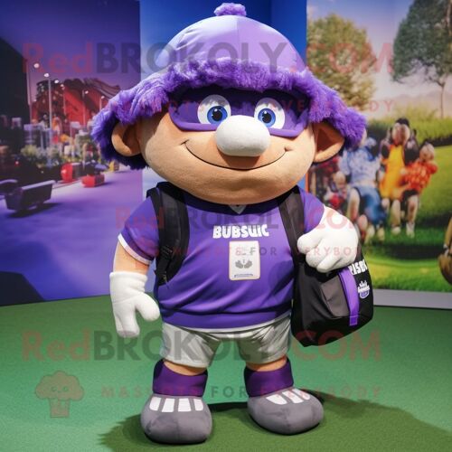 Mascotte Redbrokoly De Personnage De Ballon De Rugby Violet Habillé D'une Salopette Et De Sacs À Dos