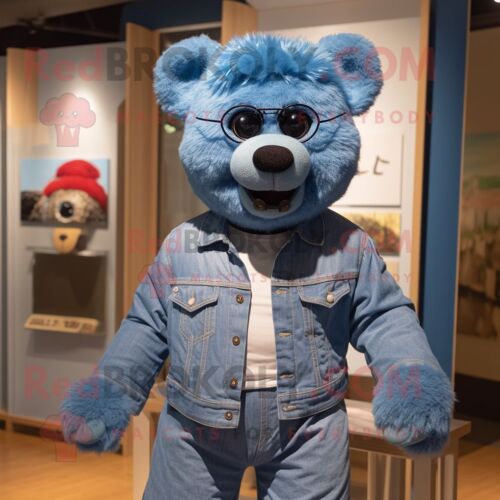 Personnage De Costume De Mascotte Redbrokoly D'ours En Peluche Bleu Habillé D'une Chemise En Jean Et De Lunettes