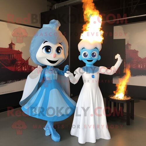 Personnage De Costume De Mascotte Redbrokoly De Cracheur De Feu Bleu Ciel Habillé D'une Robe De Mariée Et De Mitaines