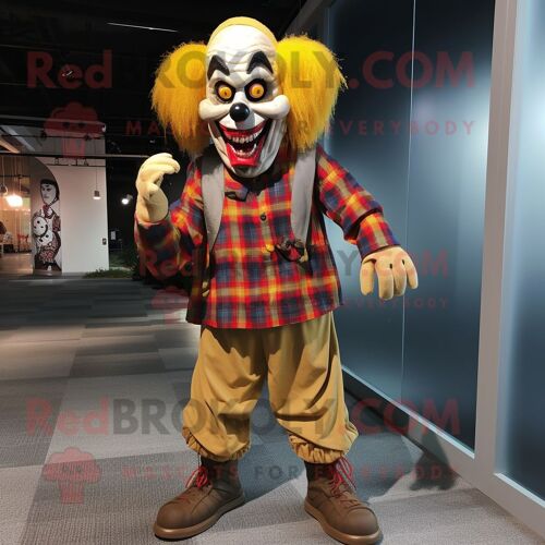 Personnage De Costume De Mascotte Redbrokoly De Clown Maléfique Doré Habillé D'une Chemise En Flanelle Et De Coussinets Pour Les Pieds