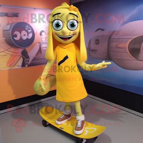 Personnage De Costume De Mascotte Redbrokoly De Skateboard Jaune Habillé D'une Mini Jupe Et De Pinces À Chaussures