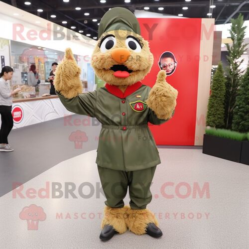 Personnage De Costume De Mascotte Redbrokoly De Poulet Frit Aux Olives Habillé D'une Combinaison Et De Bérets