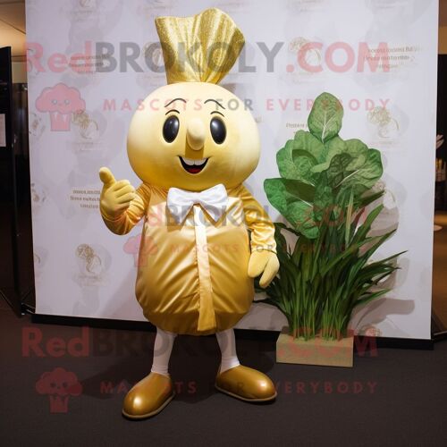 Personnage De Costume De Mascotte Redbrokoly De Radis Doré Habillé D'une Robe Et De Boutons De Manchette