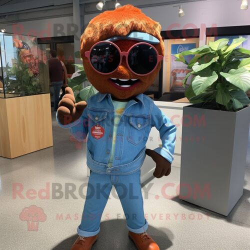 Personnage De Costume De Mascotte Redbrokoly De Pomme De Rouille Habillé D'une Chemise En Chambray Et De Lunettes De Soleil