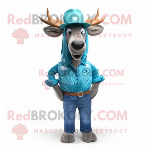 Mascotte Redbrokoly De Personnage De Wapiti Turquoise Vêtu D'un Jean Et D'un Bonnet De Maman