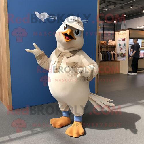Mascotte Redbrokoly De Personnage De Colombe Beige Habillé Avec Un Jean Et Des Bracelets De Cheville