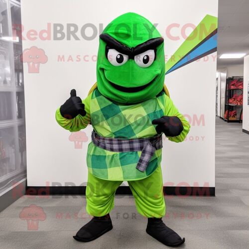 Personnage De Costume De Mascotte Redbrokoly De Ninja Vert Citron Vêtu D'une Chemise En Flanelle Et D'épingles À Châle