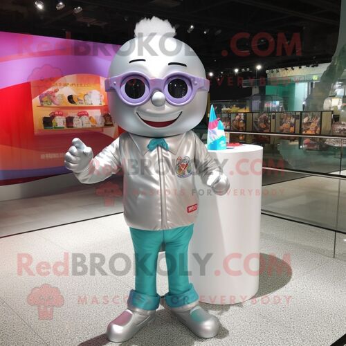 Personnage De Costume De Mascotte Redbrokoly Silver Candy Habillé D'un T-Shirt À Manches Longues Et De Lunettes