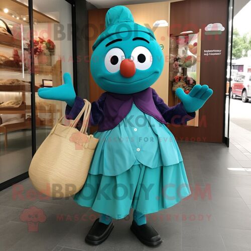 Personnage De Costume De Mascotte Redbrokoly Teal Plum Habillé D'une Jupe Portefeuille Et De Sacs Fourre-Tout