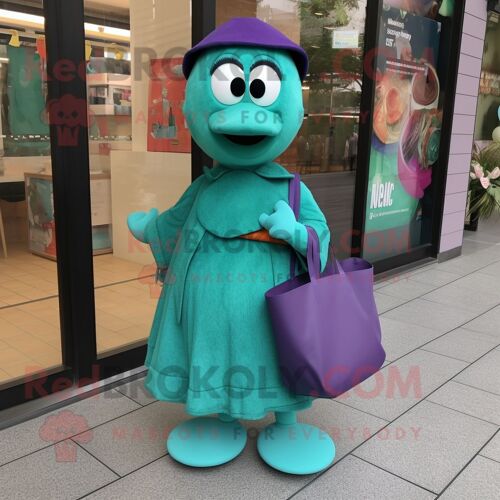 Personnage De Costume De Mascotte Redbrokoly Teal Plum Habillé D'une Jupe Portefeuille Et De Sacs Fourre-Tout
