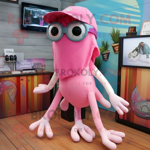 Personnage De Costume De Mascotte Redbrokoly De Calmar Rose Habillé D'un Bermuda Et De Casquettes