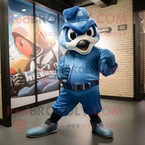 Personnage De Costume De Mascotte Redbrokoly De Geai Bleu Cyan Habillé D'un Blouson Aviateur Et De Ceintures