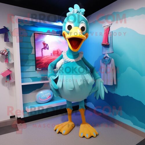 Personnage De Costume De Mascotte Redbrokoly Cyan Dodo Bird Habillé Avec Un Bikini Et Des Pinces À Chaussures