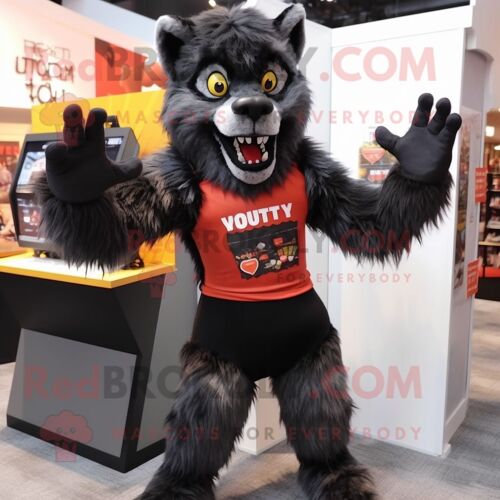 Mascotte Redbrokoly De Personnage De Loup-Garou Noir Habillé D'un Short Et De Mitaines