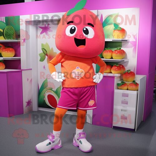 Personnage De Costume De Mascotte Redbrokoly D'abricot Magenta Habillé D'un Bermuda Et De Pinces À Chaussures