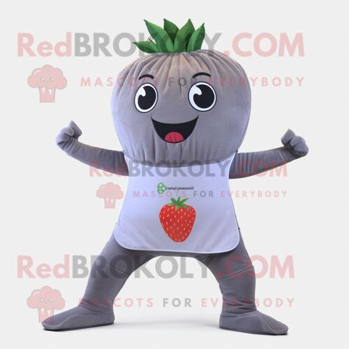 Personnage De Costume De Mascotte Redbrokoly De Fraise Grise Habillé D'un Pantalon De Yoga Et De Ceintures