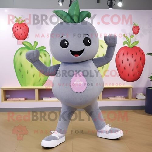 Personnage De Costume De Mascotte Redbrokoly De Fraise Grise Habillé D'un Pantalon De Yoga Et De Ceintures