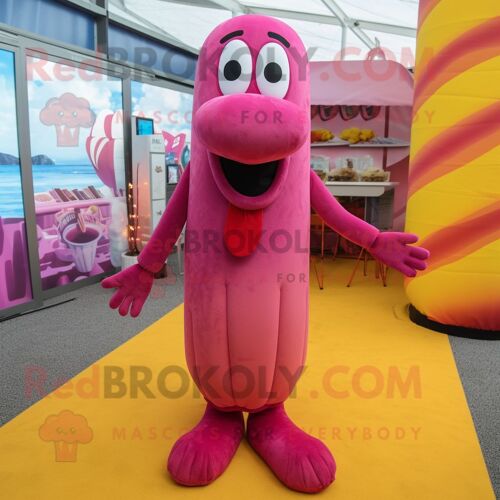 Personnage De Costume De Mascotte Redbrokoly Magenta Hot Dogs Habillé D'un Bikini Et De Coussinets Pour Les Pieds