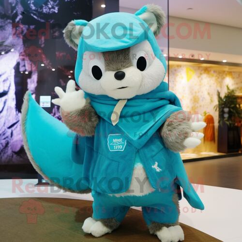 Personnage De Costume De Mascotte Redbrokoly D'écureuil Volant Turquoise Habillé D'une Parka Et De Mitaines