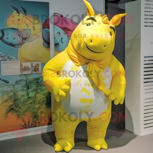 Personnage De Costume De Mascotte Redbrokoly De Rhinocéros Jaune Citron Habillé Avec Un Maillot De Bain Et Des Clips D'écharpe