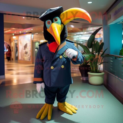 Mascotte Redbrokoly De Personnage De Toucan Bleu Marine Habillé D'une Parka Et De Boutons De Manchette