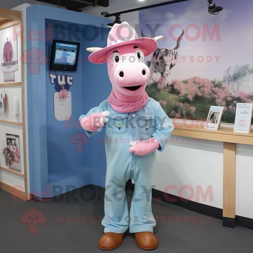 Mascotte Redbrokoly De Personnage De Vache Rose Habillé D'une Chemise En Chambray Et D'épingles À Chapeau