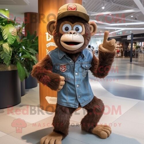 Mascotte Redbrokoly De Personnage De Singe Marron Habillé D'un Jean Et De Bagues
