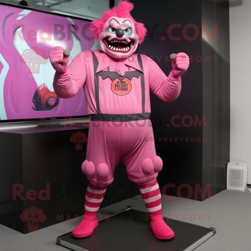 Mascotte Redbrokoly De Personnage De Clown Maléfique Rose Habillé D'un Débardeur Et De Repose-Pieds