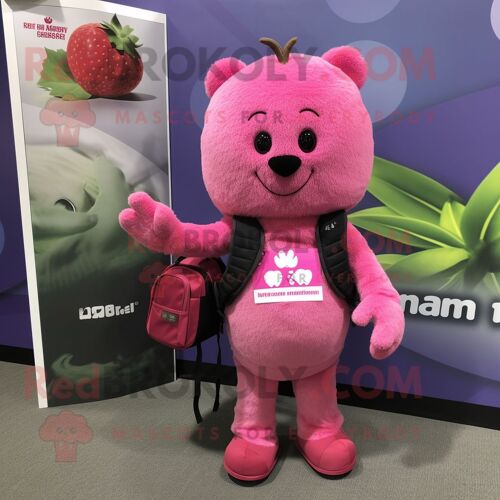 Costume De Mascotte Redbrokoly De Personnage De Framboise Rose Habillé D'une Robe Fourreau Et De Sacs À Dos