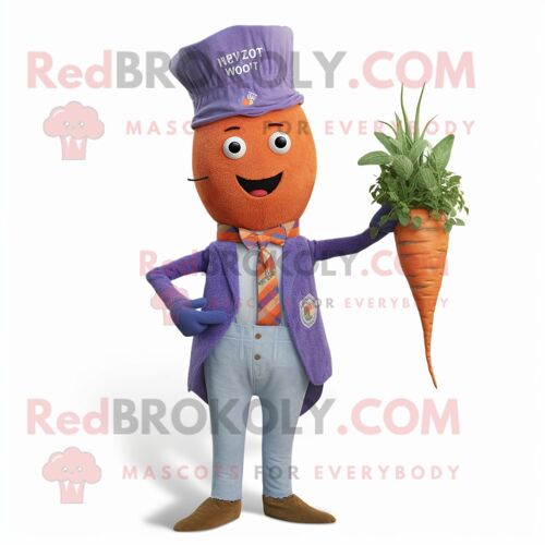 Personnage De Costume De Mascotte Redbrokoly Carotte Lavande Habillé D'une Chemise Chambray Et D'épinglettes