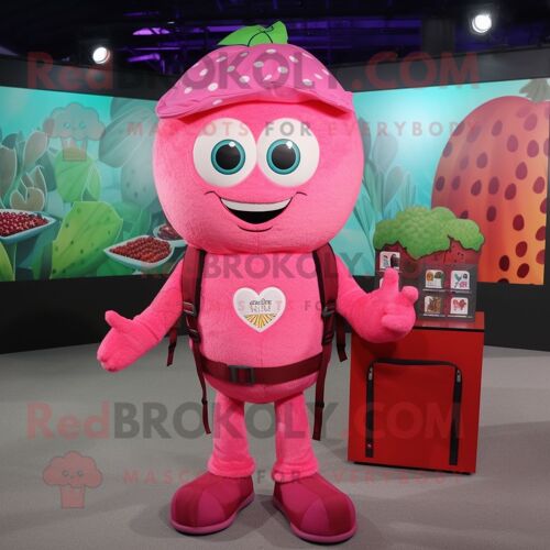 Costume De Mascotte Redbrokoly De Personnage De Framboise Rose Habillé D'une Robe Fourreau Et De Sacs À Dos