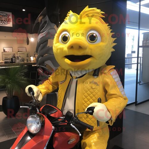 Personnage De Costume De Mascotte Redbrokoly Fish And Chips Jaune Habillé D'une Veste De Moto Et De Colliers