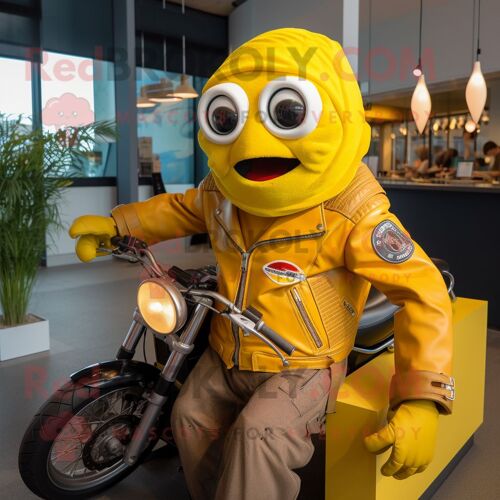 Personnage De Costume De Mascotte Redbrokoly Fish And Chips Jaune Habillé D'une Veste De Moto Et De Colliers